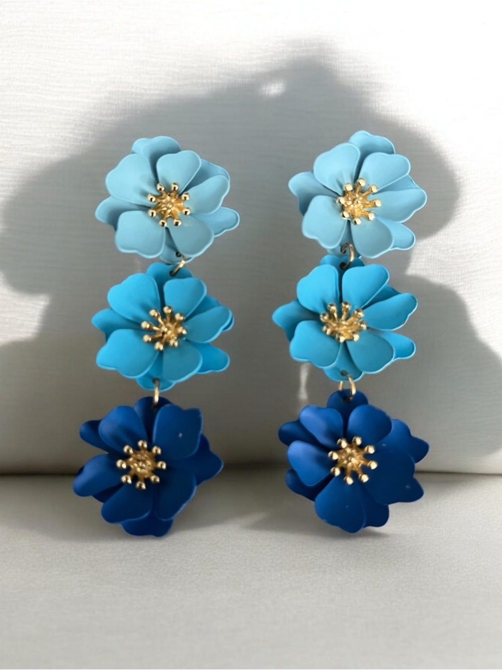 Blue Floral Triple Drop Earrings